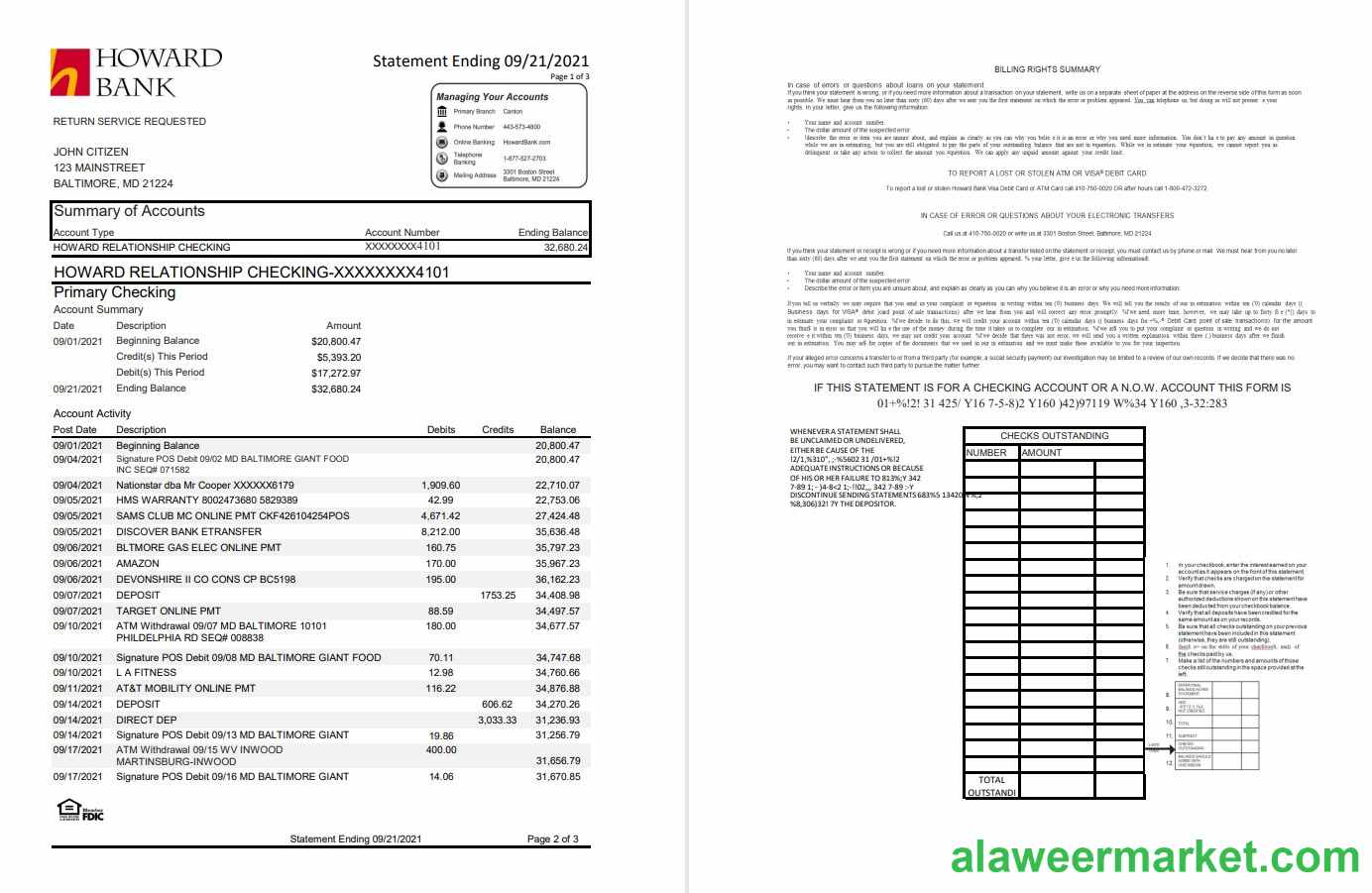 USA Maryland Howard Personal bank statement template, Excel and PDF format (.xls and .pdf) (4 pages)